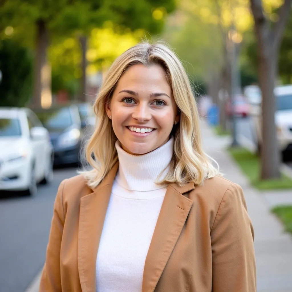 Lexi Muchnick, smiling, on a tree-lined street